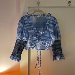 Ganni Smocked Cropped Blouse, Gingham, Adjustable Length